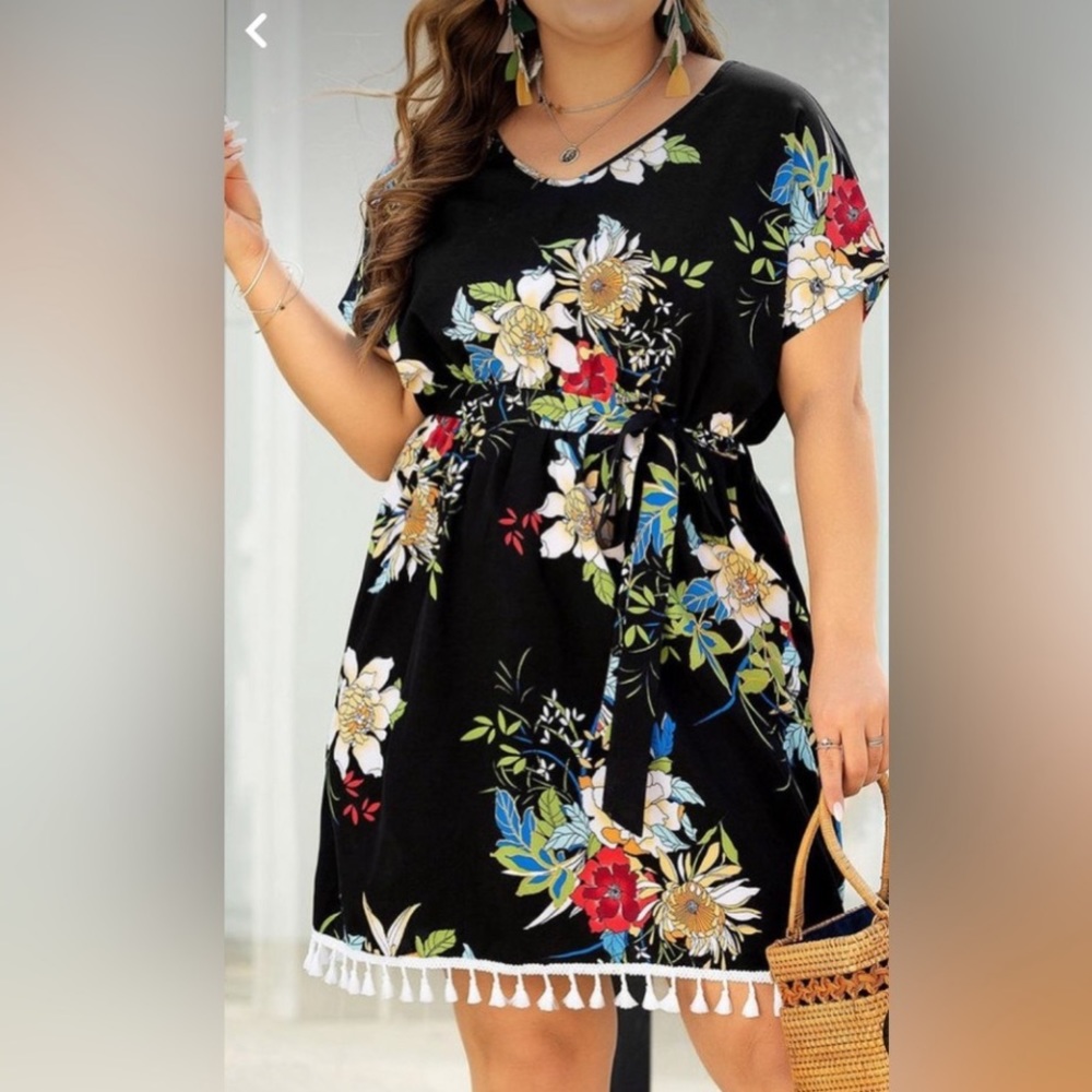 NEW Beautiful Bright Floral Print Tassel Dress V-Neckline Size 1X New with Tags